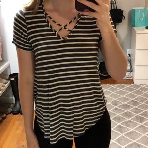 Green and white striped short sleeve t-shirt